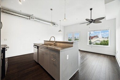 View of the kitchen and living area from the kitch