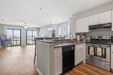 Kitchen with stainless steel range with electric stovetop, black dishwasher, under cabinet range hood, a peninsula, and plenty of natural light
