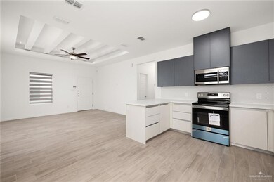 Kitchen featuring ceiling fan, light wood-type flooring, stainless steel appliances, and gray cabinets