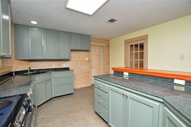 This kitchen features green cabinets, dark counter