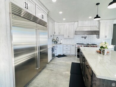 Kitchen with high end appliances, backsplash, light stone counters, and custom exhaust hood