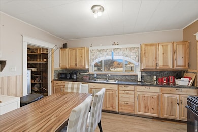 Kitchen with light brown cabinets, crown molding, light wood-type flooring, backsplash, and black appliances
