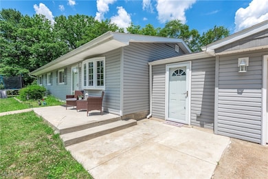 Rear view of house with a trampoline, a patio, and a yard