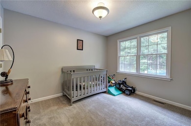 Bedroom featuring carpet flooring, a textured ceil
