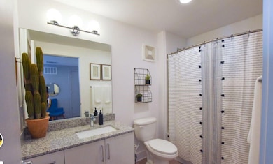 Bathroom featuring vanity, toilet, and curtained s