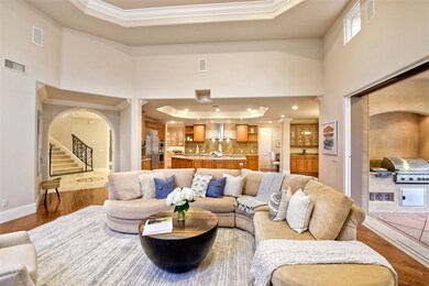 Luxurious living room with wet bar and glass panel
