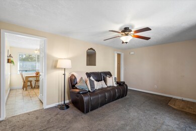 Carpeted living area with a textured ceiling, ceiling fan, and tile patterned flooring