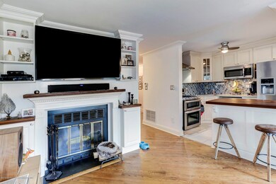 fireplace and kitchen