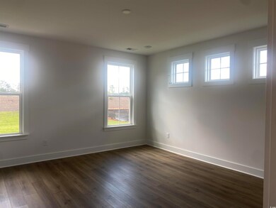 Spare room featuring dark wood-style floors and baseboards