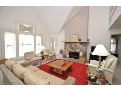 Vaulted great room has a beautiful stone (gas logs