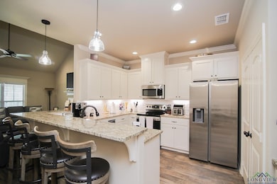 Kitchen featuring appliances with stainless steel finishes, a peninsula, white cabinets, light stone counters, and ceiling fan