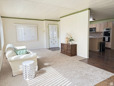 Living room with new carpet.
