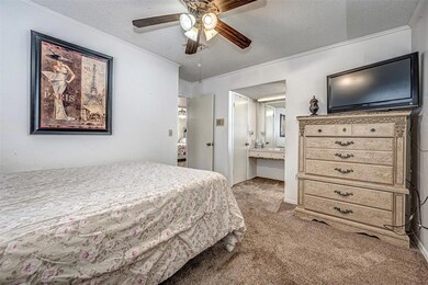 Bedroom with ceiling fan, connected bathroom, dark