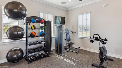 Exercise area featuring crown molding and carpet f
