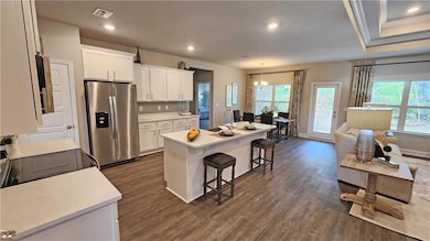 Kitchen with white cabinets, dark hardwood / wood-