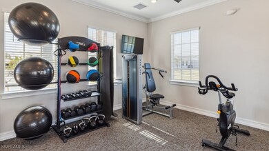 Exercise area featuring crown molding and carpet f