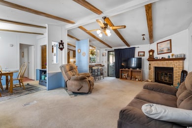 Living room with carpet, ceiling fan, and a fireplace
