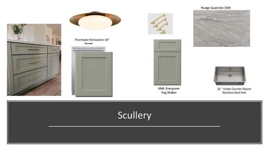 Scullery with SW Evergreen Fog cabinets.