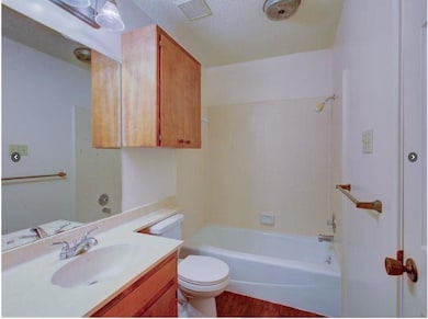 Bathroom with vanity, tub / shower combination, and dark wood-type flooring