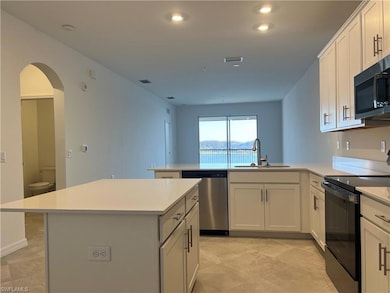 Kitchen with a sink, black range with electric coo