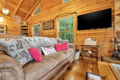 Living room featuring wooden walls, hardwood / woo