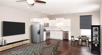 A view of the virtually-staged great room from the