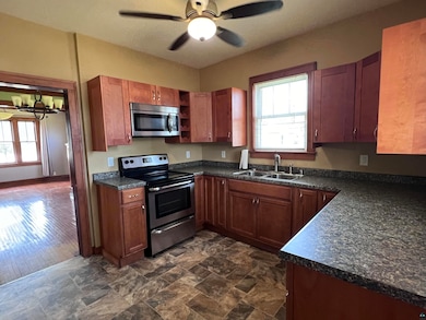 Kitchen with sink, dark hardwood / wood-style floors, ceiling fan with notable chandelier, and stainless steel appliances
