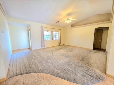 Living room with vaulted cielings and pot shelves