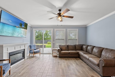 Living room with crown molding, healthy amount of natural light, a glass covered fireplace, ceiling fan, and light wood-style floors