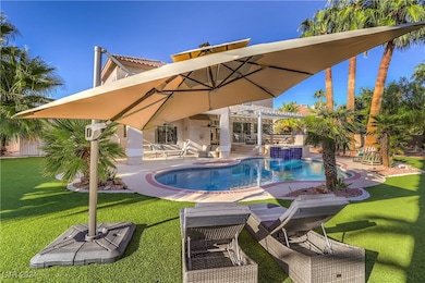 Surrounded by mature palm trees, the backyard oasi