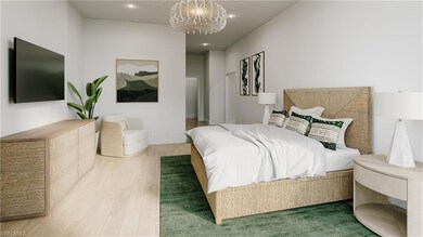 Bedroom with wood-type flooring and a notable chan