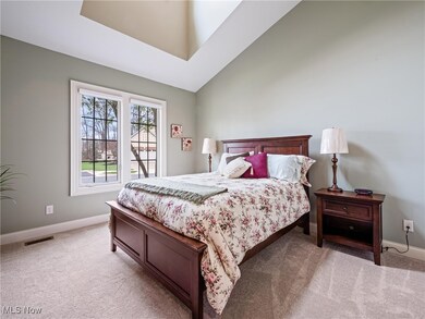 Carpeted bedroom with baseboards and lofted ceiling