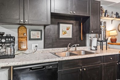 Kitchen with dishwasher and light stone countertops