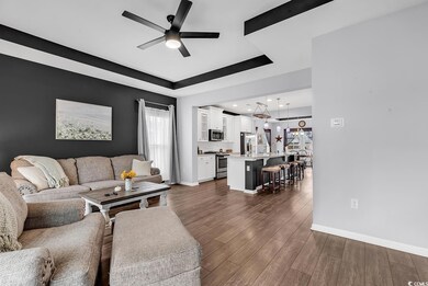 Living room with a raised ceiling, ceiling fan, an