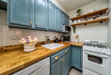 Kitchen with butcher block countertops, white rang