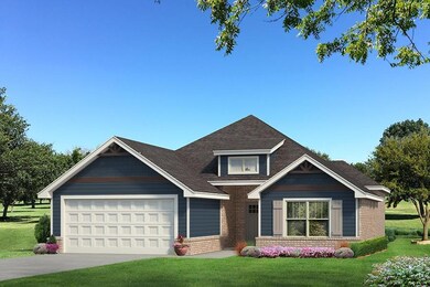 View of front of home with a front lawn, driveway, brick siding, and a garage