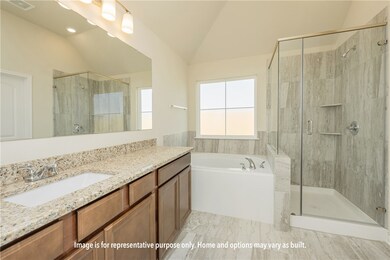 Full bath featuring a garden tub, vanity, lofted ceiling, and a shower stall
