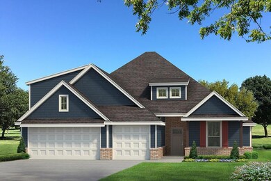 View of front of house with a front yard, driveway, a garage, brick siding, and a shingled roof