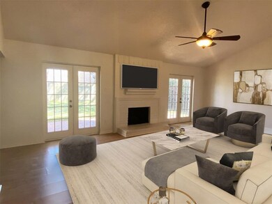 Huge living room with wood burning fireplace, two