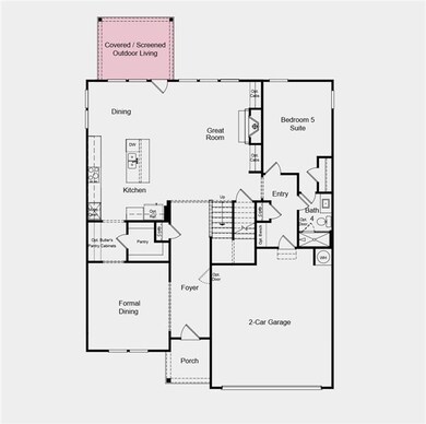 First Floor Plan - Additional highlights include: covered back patio, primary bathroom with a soaking tub and separate shower, gourmet kitchen, and laminate stair treads