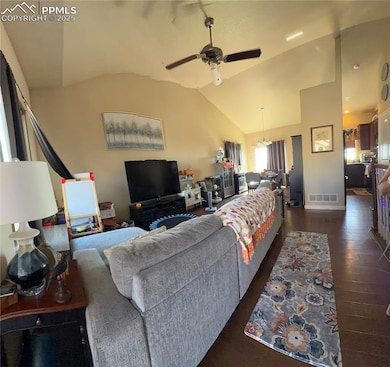 Living area with dark wood-type flooring, healthy amount of natural light, a ceiling fan, and high vaulted ceiling