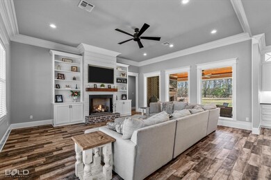 Living room featuring crown molding, a gas log fir