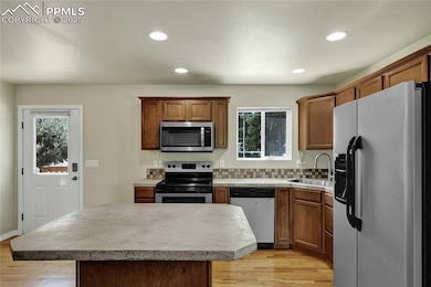 Kitchen with stainless steel appliances, healthy amount of natural light, light wood-style floors, light countertops, and recessed lighting
