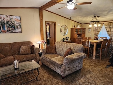 Living room featuring crown molding, dark colored carpet, a ceiling fan, and a chandelier