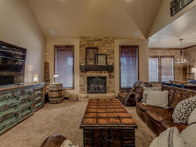 Living room with carpet flooring, an inviting chan