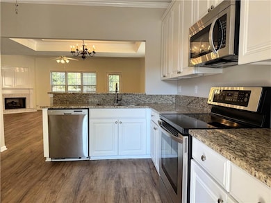 Kitchen with stainless steel appliances, a tray ceiling, dark stone countertops, white cabinets, and crown molding