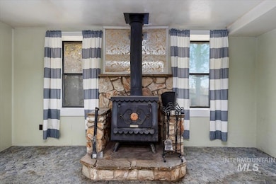 Detailed view of a wood stove and carpet floors