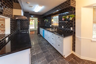 This kitchen features sleek black tile walls and countertops, contrasting with white cabinetry. It has a modern look with stainless steel appliances, a double sink, and decorative hanging plants. The space is well-lit and offers a view into the adjoining room.