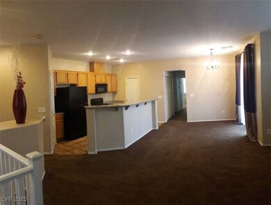 Kitchen with black appliances, carpet floors, ligh