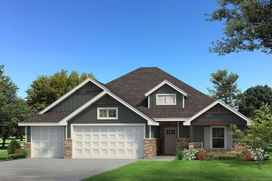 Craftsman-style house featuring board and batten siding, a front lawn, driveway, brick siding, and a garage